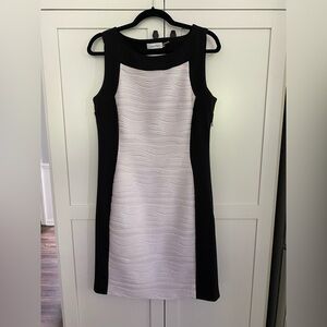 Calvin Klein Black and White Pleated Sheath Midi Dress